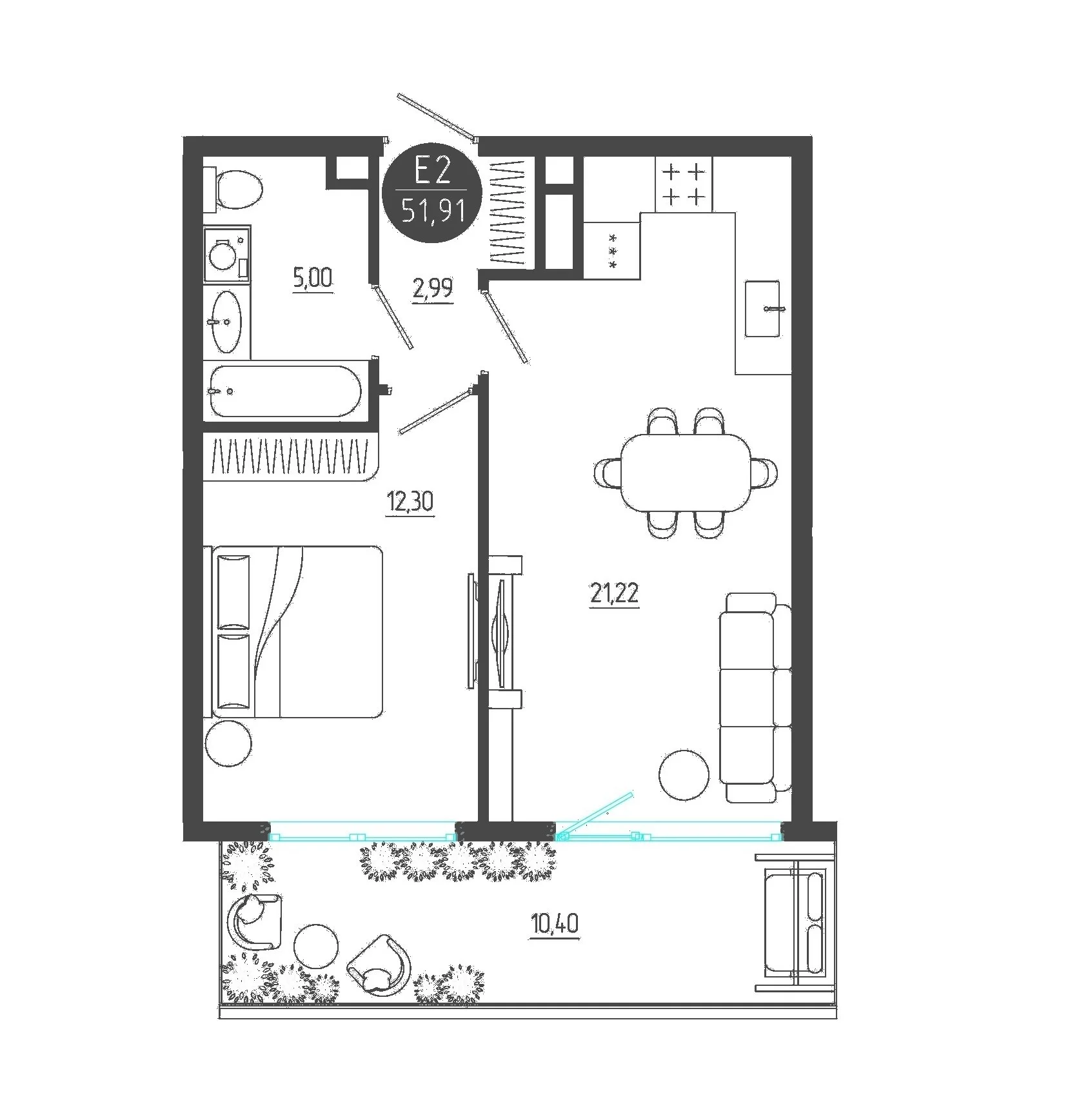 Планировка Квартира с одной спальней и гостиной 21 м² (Евро-2)