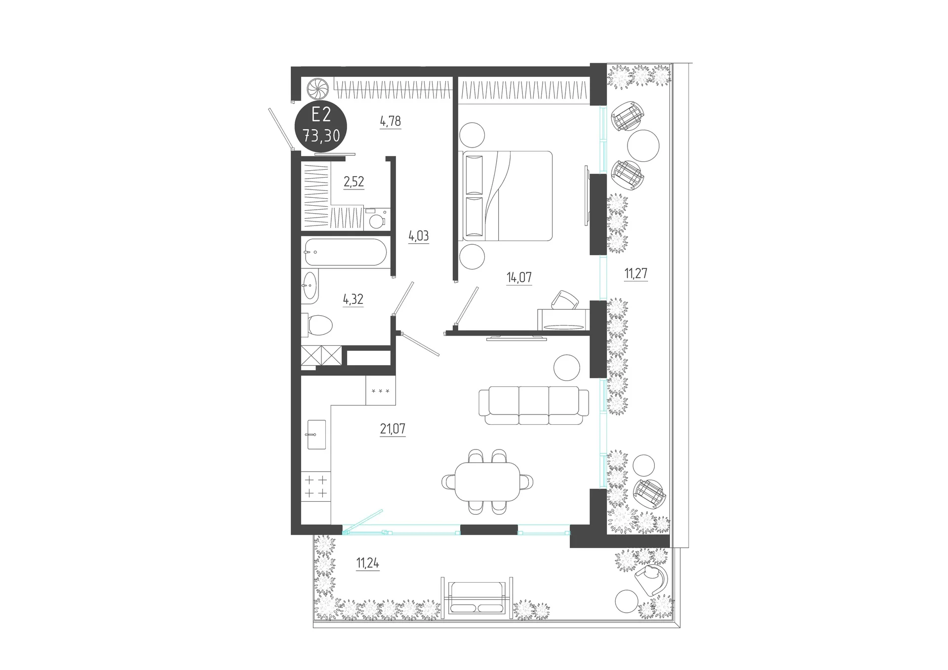 Планировка Квартира с одной спальней и гостиной 21 м² (Евро-2)