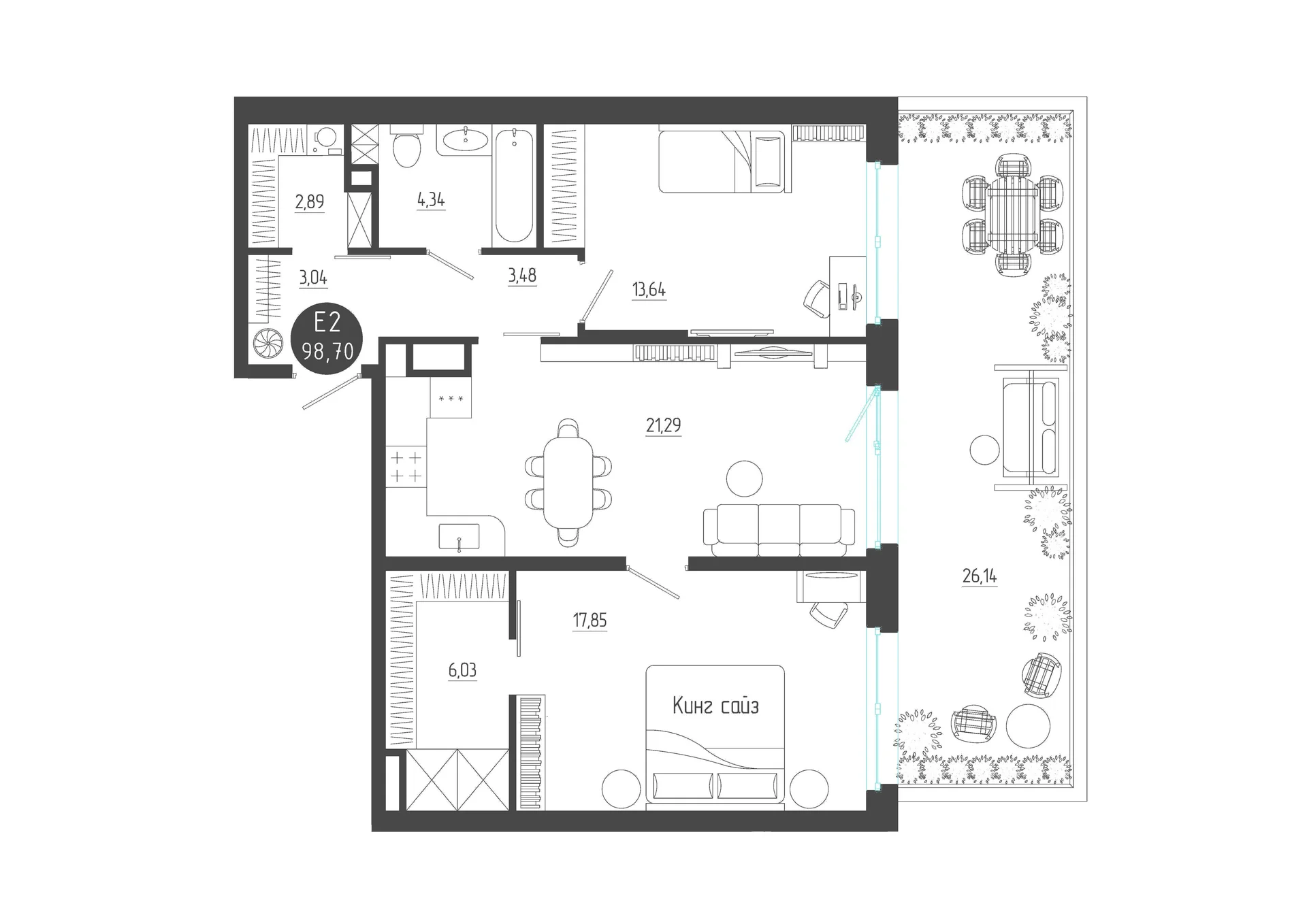 Планировка Квартира с двумя спальнями и гостиной 21 м² (Евро-3)