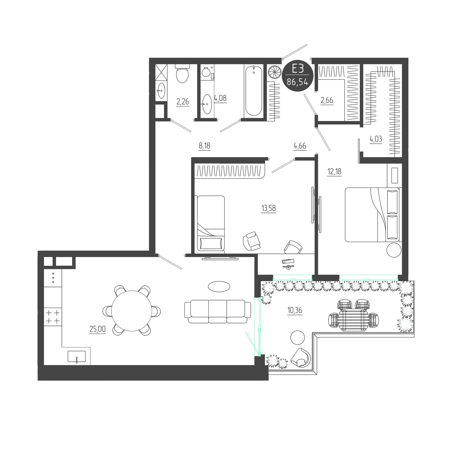 Планировка Квартира с двумя спальнями и гостиной 25 м² (Евро-3)