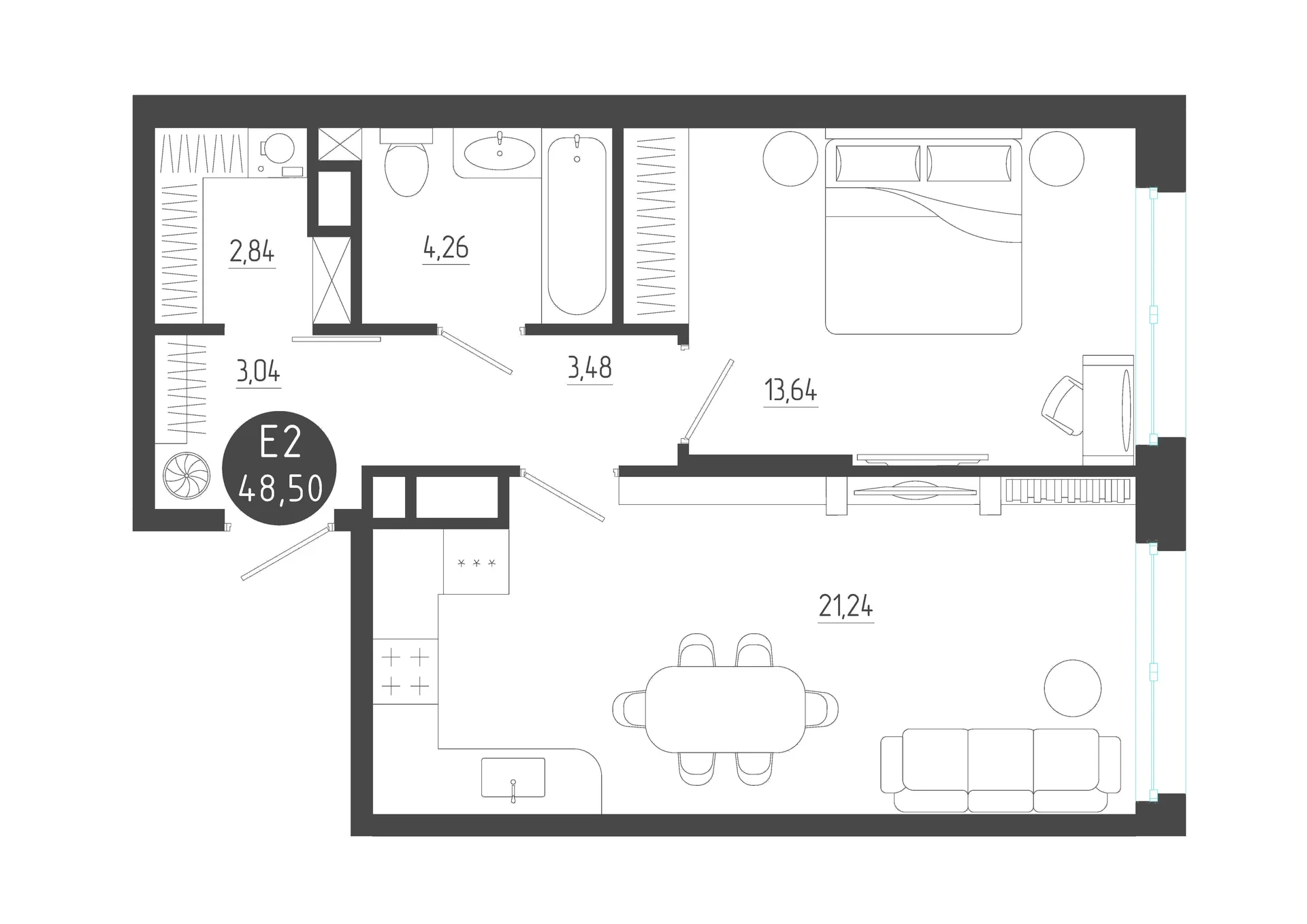Планировка Квартира с одной спальней и гостиной 21 м² (Евро-2)