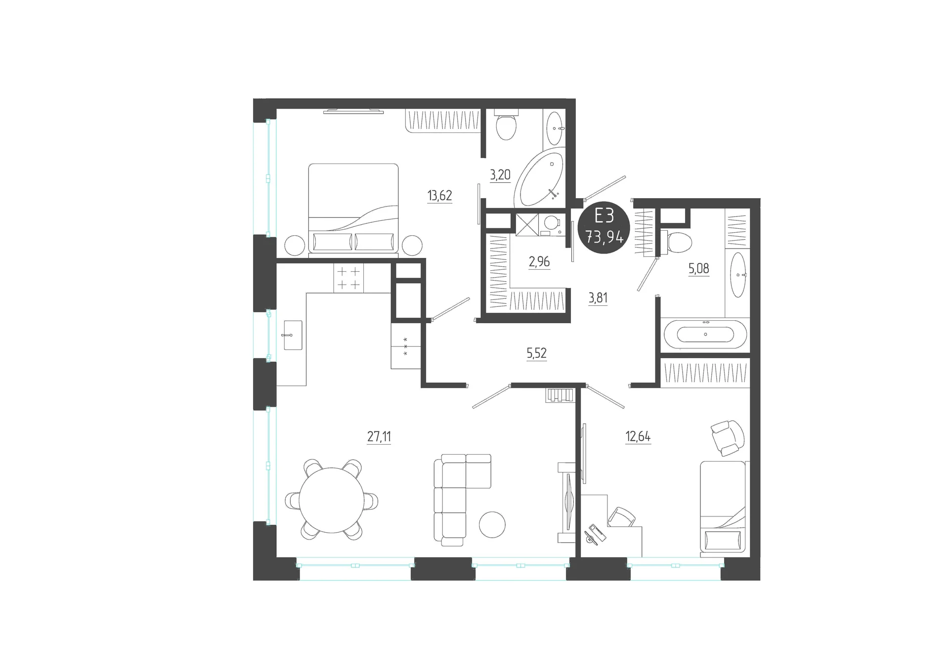 Планировка Квартира с двумя спальнями и гостиной 27 м² (Евро-3)