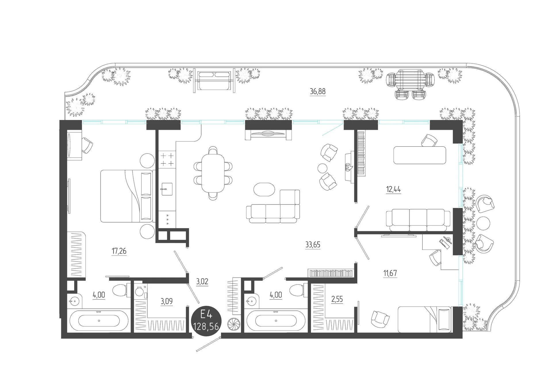 Планировка Квартира с тремя спальнями и гостиной 34 м² (Евро-4)