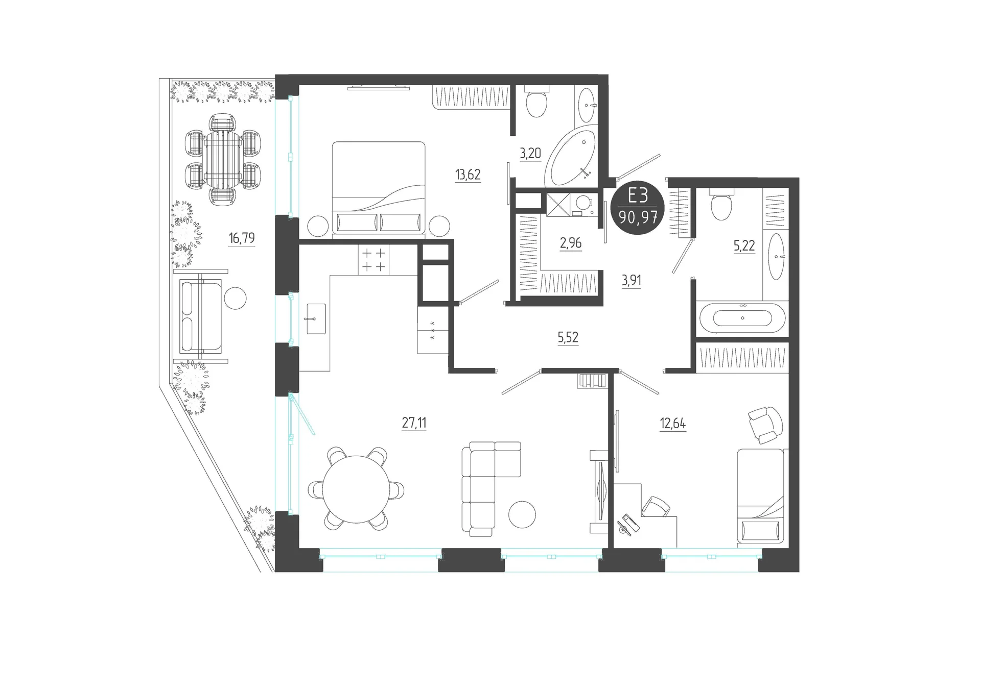 Планировка Квартира с двумя спальнями и гостиной 27 м² (Евро-3)