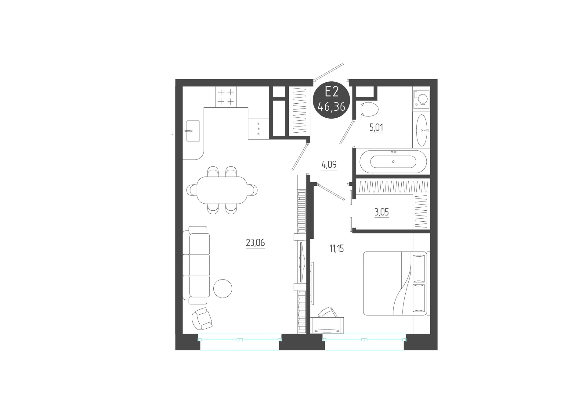 Планировка Квартира с одной спальней и гостиной 23 м² (Евро-2)
