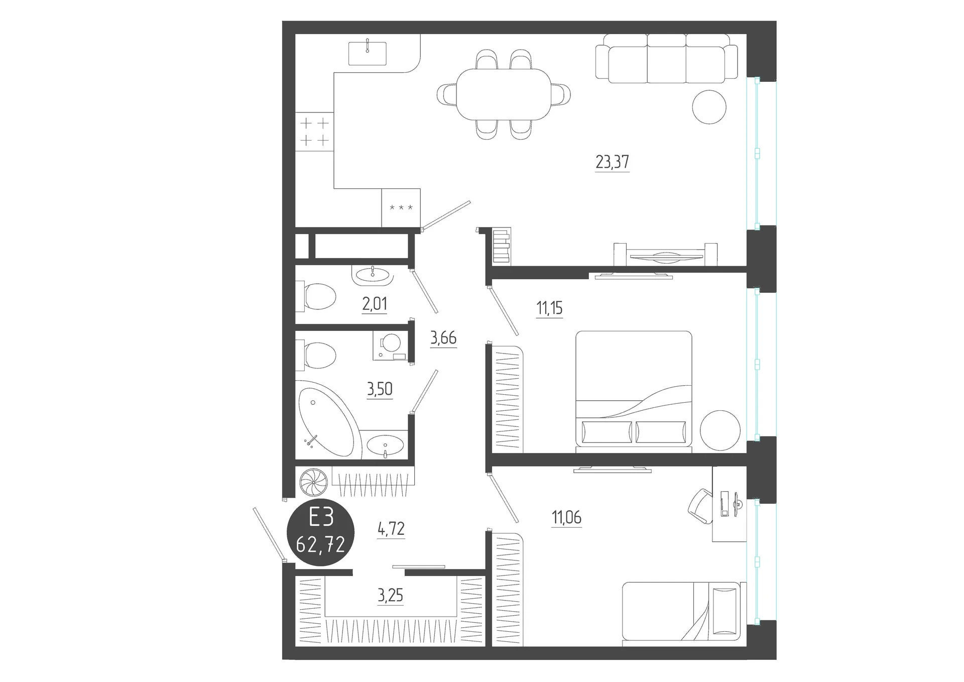 Планировка Квартира с двумя спальнями и гостиной 23 м² (Евро-3)