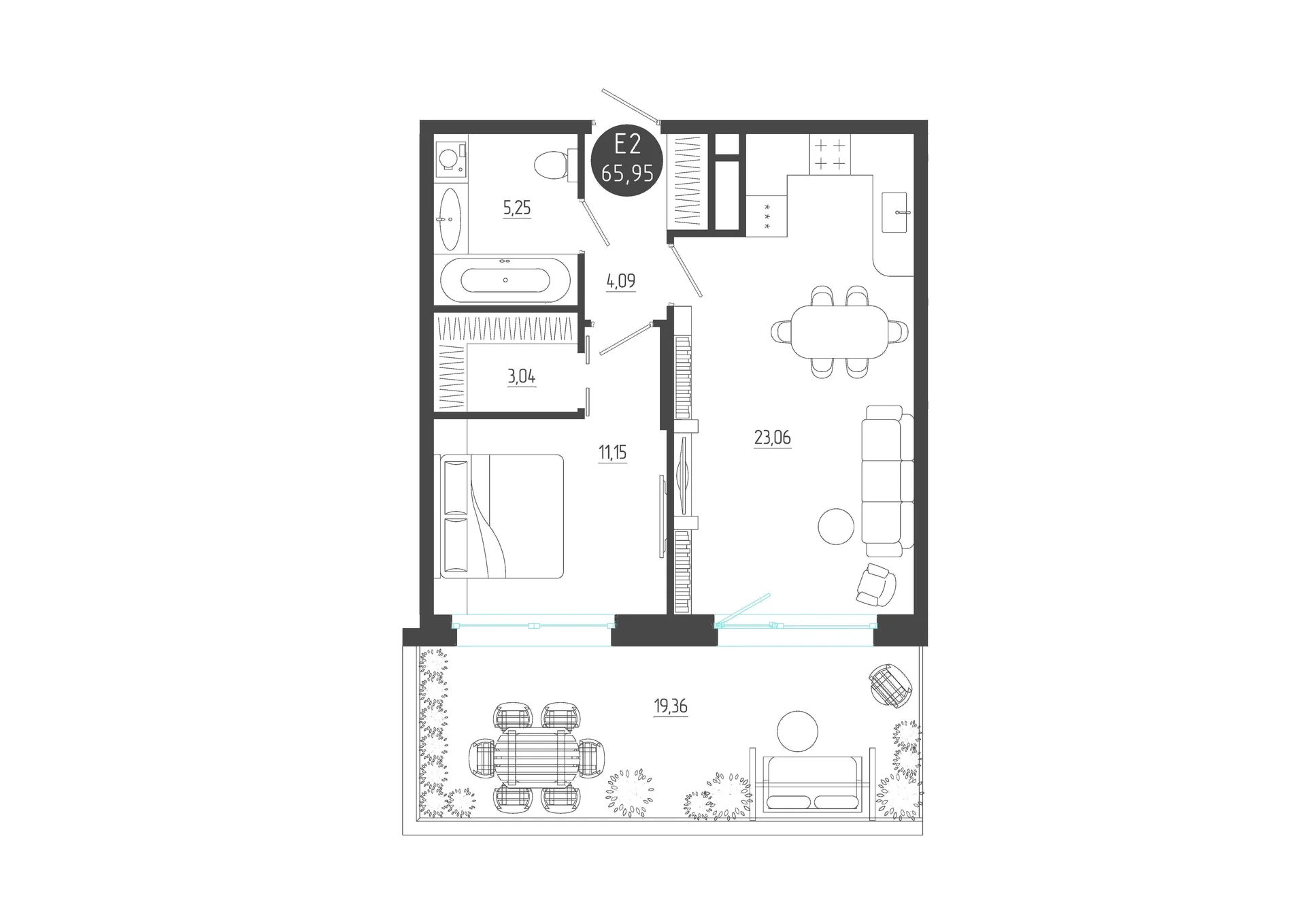Планировка Квартира с одной спальней и гостиной 23 м² (Евро-2)