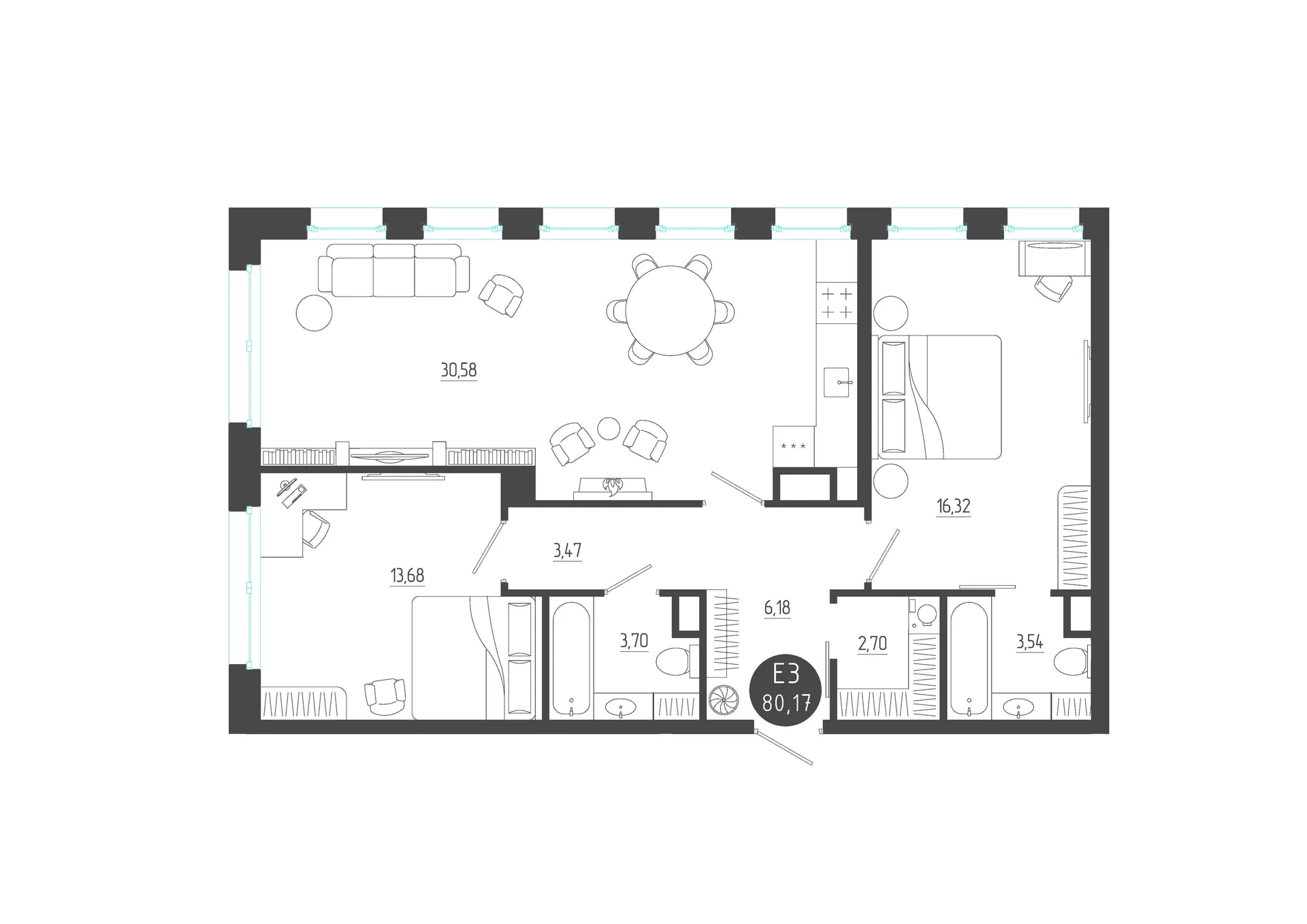 Планировка Квартира с двумя спальнями и гостиной 31 м² (Евро-3)