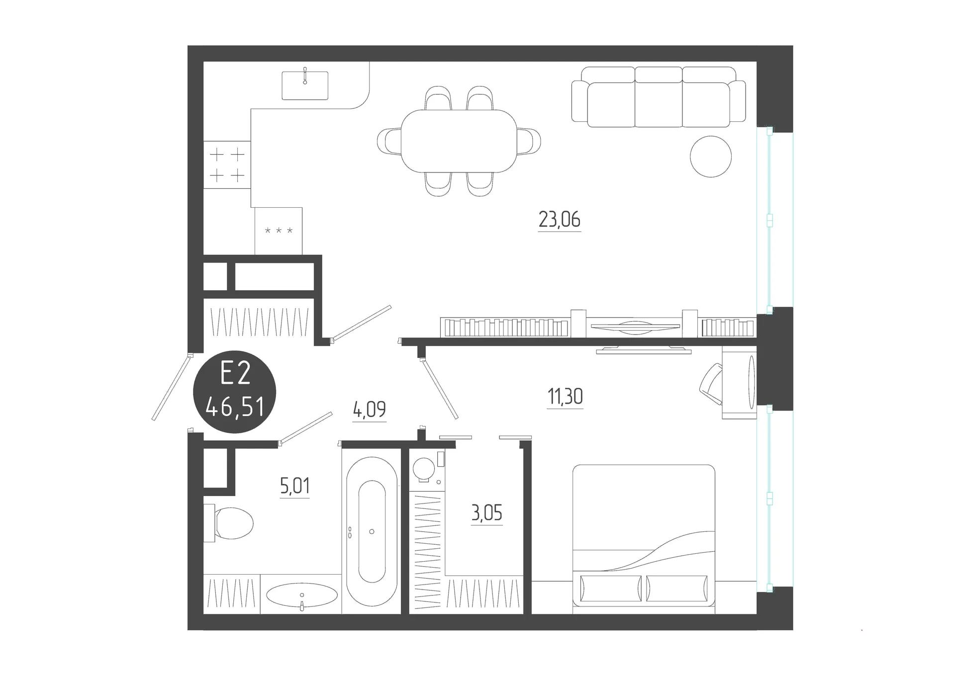 Планировка Квартира с одной спальней и гостиной 23 м² (Евро-2)